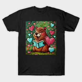 watercolor groundhog reading book of Valentines T-Shirt